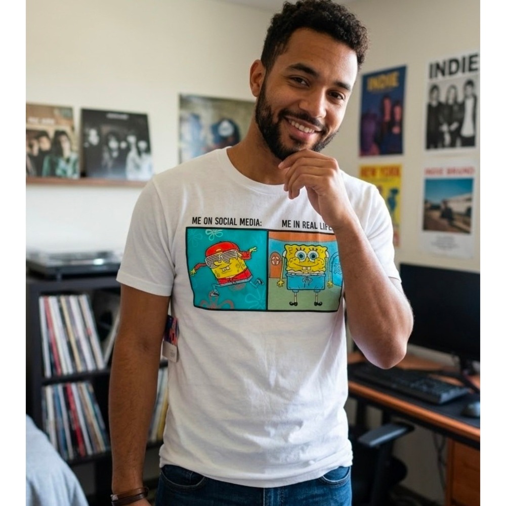 Nickelodeon Mens SpongeBob Meme Graphic T-Shirt White Large New